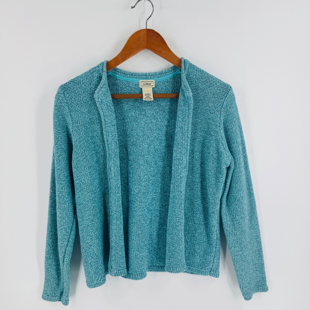 L.L. Bean Teal‎ Blue 100% Cotton Knit Cardigan Size S Granola Coastal Spring